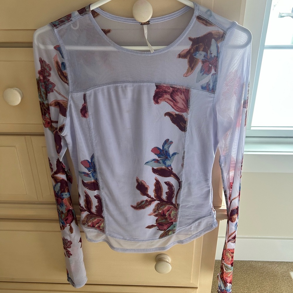 Free People White and Red Floral Long Sleeve Top